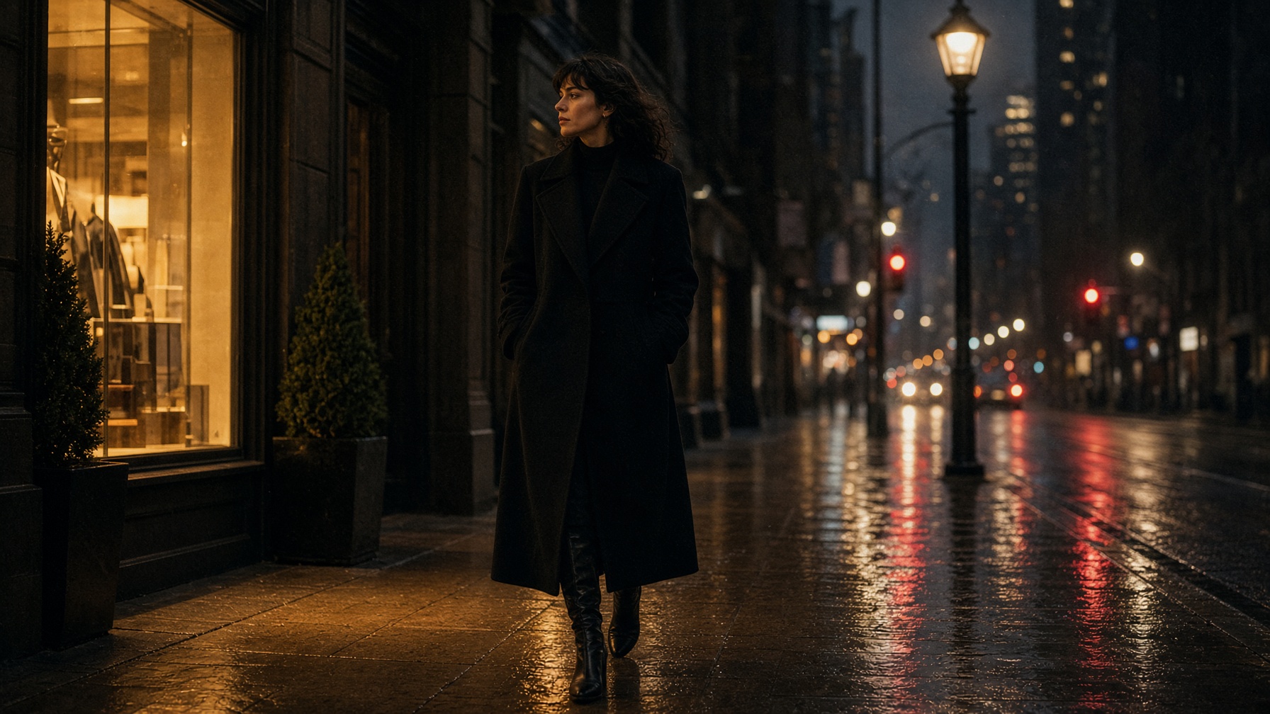 Model in a black coat on a wet Toronto street at night